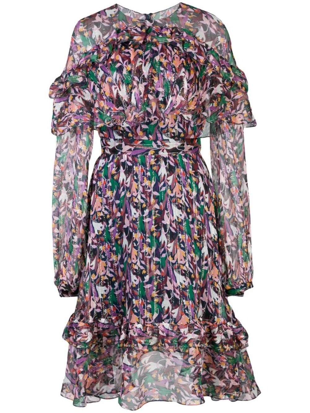 Prabal Gurung Purple Floral Silk Chiffon Long Sleeve Ruffle Dress Size 4